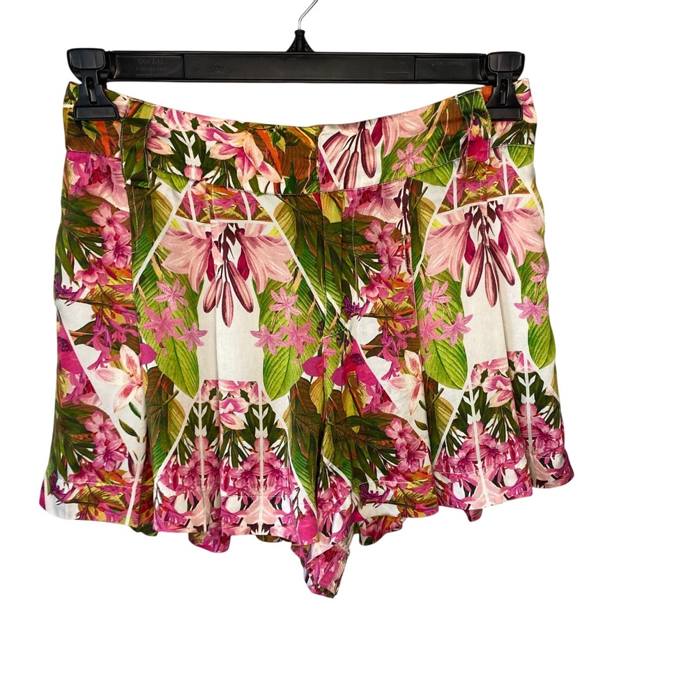 Thurley‎ Womens Pink Green Tropical Floral 100% Silk High Rise Shorts Size 8